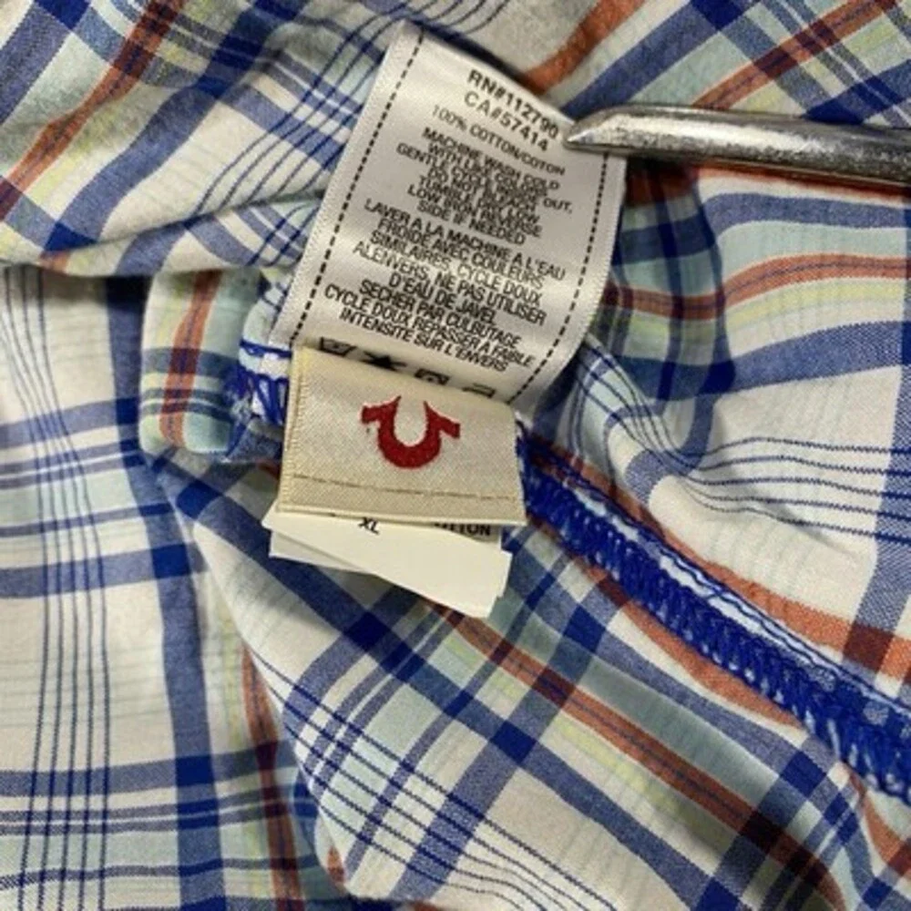 True Religion‎ Pearl Snap Western Shirt XL Blue Red Plaid Cowboy Y2K Preppy